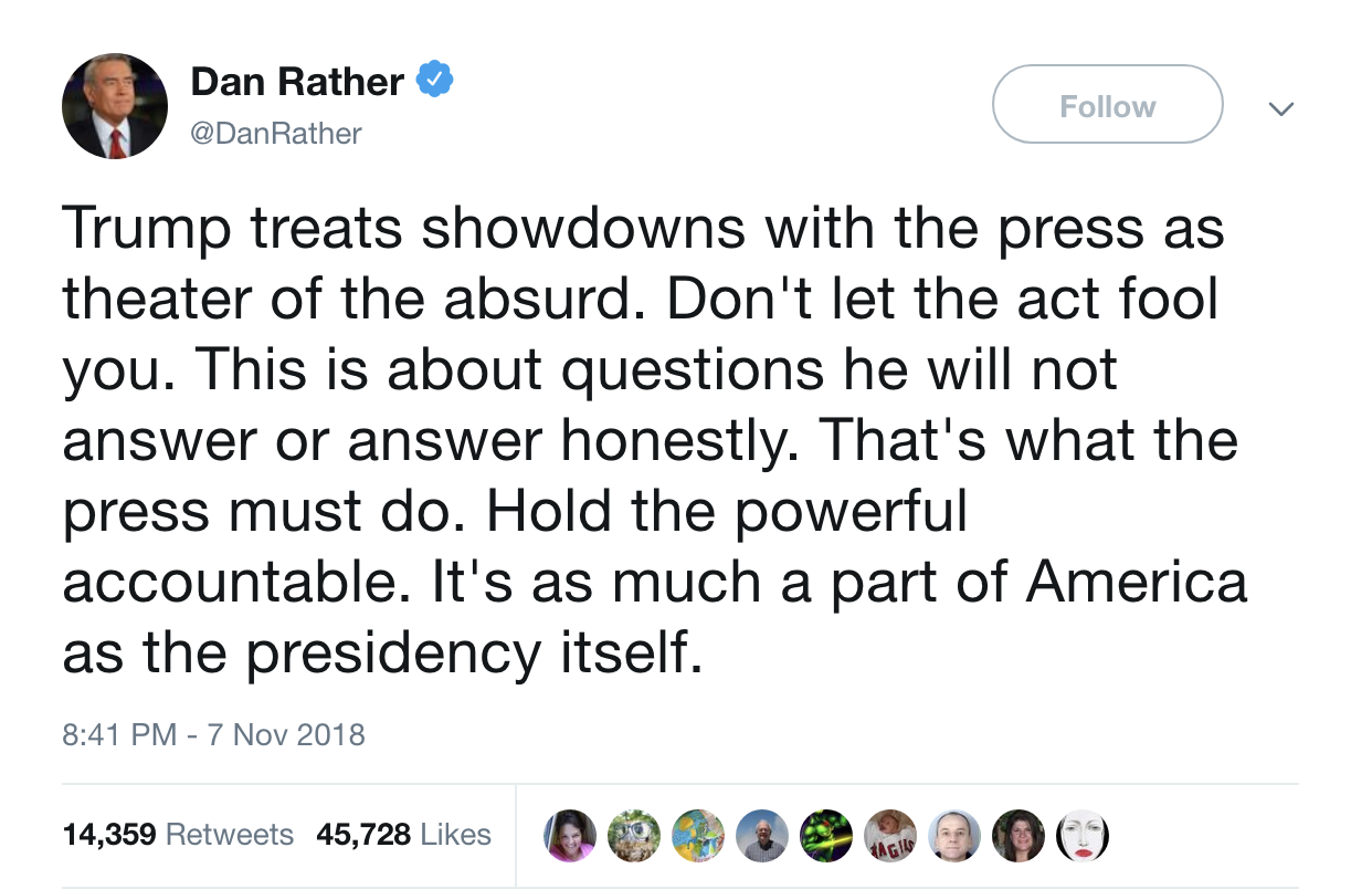 Screen-Shot-2018-11-08-at-3.19.51-PM News Icon Dan Rather Calls Out Trump's Attack On Jim Acosta 'Theater Of The Absurd' Corruption Donald Trump Media Politics Top Stories 