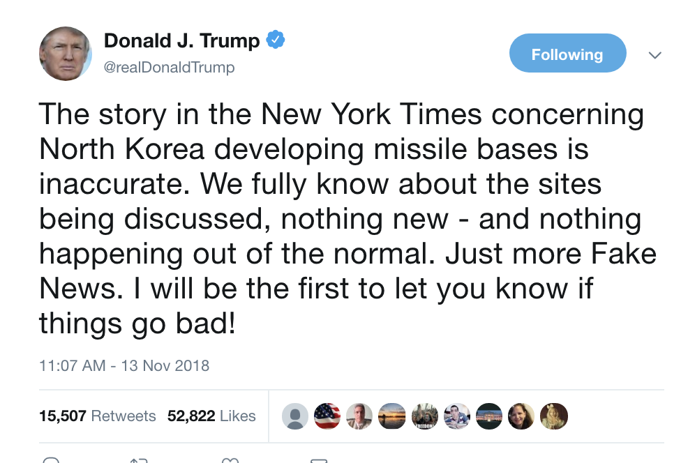 Screen-Shot-2018-11-13-at-1.37.58-PM Trump Tweets About NY Times' North Korea Missile Story Like A Total Wank Donald Trump Foreign Policy Military National Security Politics Top Stories 