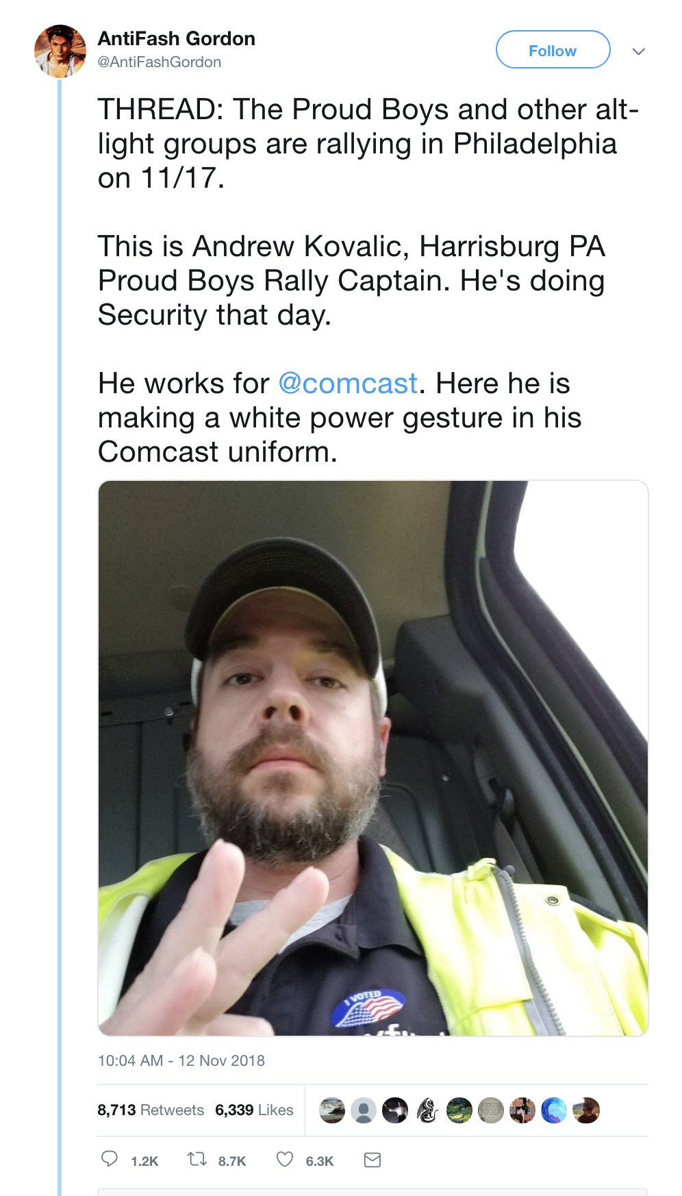 Screen-Shot-2018-11-15-at-11.18.05-AM White Nationalist 'Proud Boy' Fired From Comcast After Locals Stalk His Life Corruption Crime Donald Trump Hate Speech Politics Top Stories 