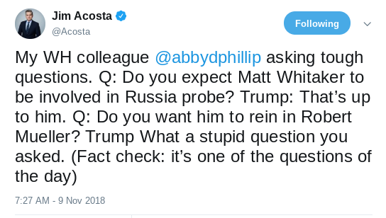 Screenshot-2018-11-09-at-10.47.11-AM Jim Acosta's Twitter Feed Is A Giant F**k You To Trump & It's Great Donald Trump Media Politics Social Media Top Stories 