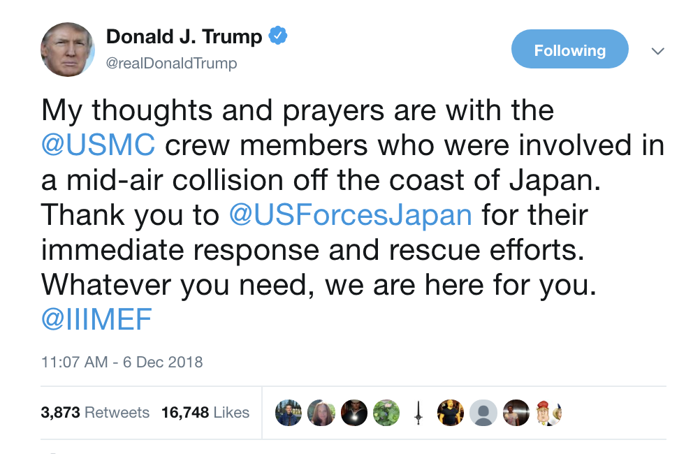 Screen-Shot-2018-12-06-at-11.49.23-AM Trump Tweets About Mid-Air Military Collision, Gets Reminded He Sucks Corruption Crime Donald Trump Military Politics Top Stories 