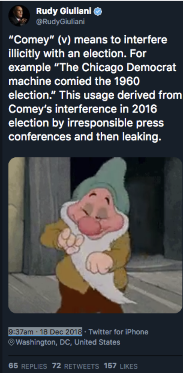 Screen-Shot-2018-12-18-at-10.23.02-AM Giuliani Crosses Over To The Crazy Side With Weird Comey/'Snow White' Tweet Corruption Donald Trump Politics Robert Mueller Russia Top Stories 