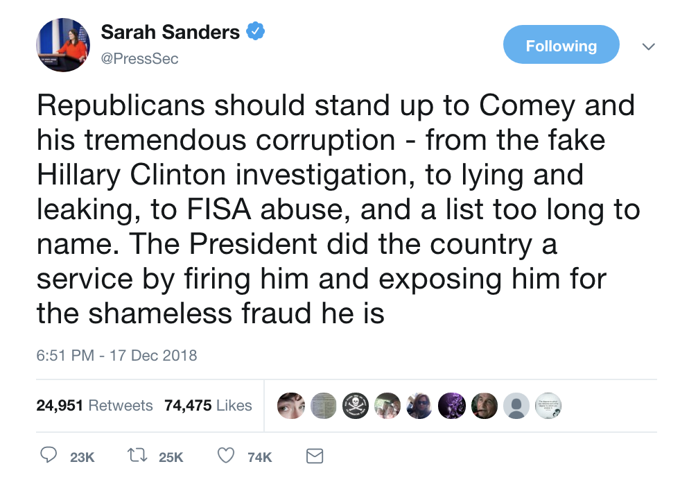 Screen-Shot-2018-12-18-at-9.20.18-AM Sarah Sanders Attacks Comey On Twitter & Gets Mocked Mercilessly In Seconds Corruption Crime Donald Trump Politics Robert Mueller Russia Top Stories 