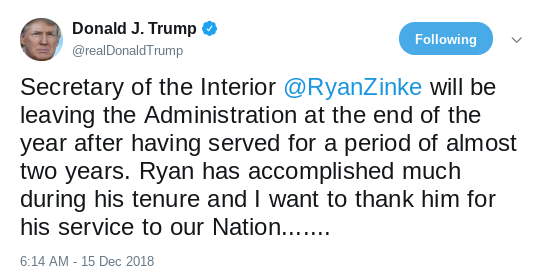 Screenshot-2018-12-15-at-9.53.51-AM Trump Tweets Response To Ryan Zinke Resignation Like A Total Buffoon Corruption Donald Trump Environment Politics Social Media Top Stories 