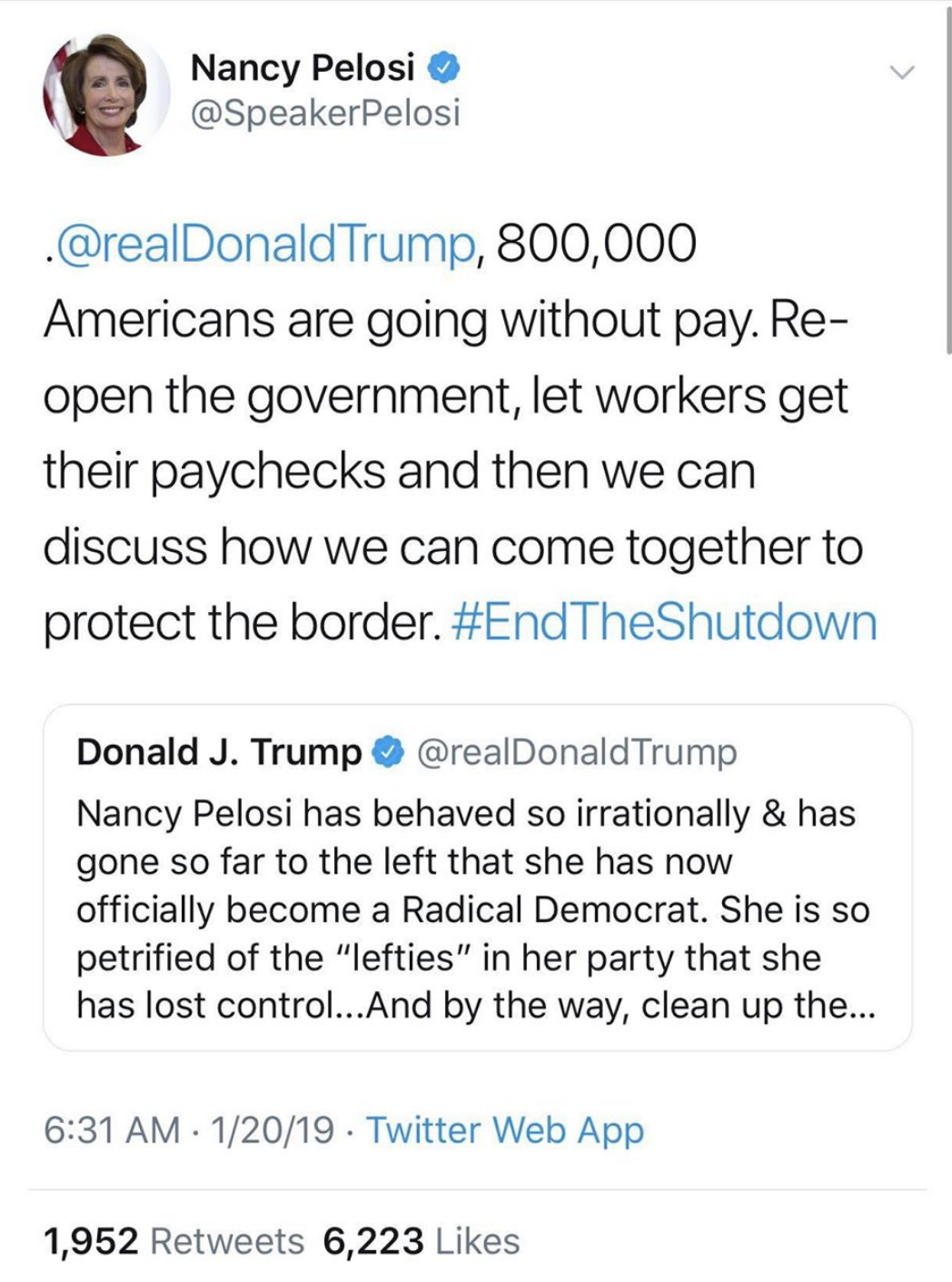 Screen-Shot-2019-01-20-at-8.55.59-AM.png?zoom=2 Nancy Pelosi Defiantly Tweets Manhood Stripping Sunday Message To Trump Corruption Crime Domestic Policy Donald Trump Politics Top Stories 