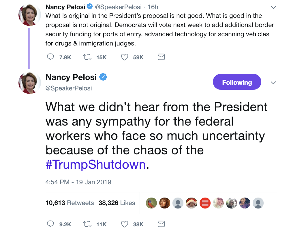 Screen-Shot-2019-01-20-at-9.02.49-AM.png?zoom=2 Nancy Pelosi Defiantly Tweets Manhood Stripping Sunday Message To Trump Corruption Crime Domestic Policy Donald Trump Politics Top Stories 
