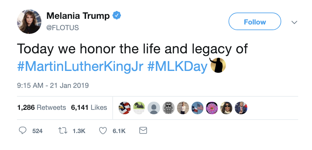 Screen-Shot-2019-01-21-at-9.39.01-AM Melania Tweets 8-Word MLK Day Message Like A Plastic Waste Of Space Activism Black Lives Matter Donald Trump Hate Speech Human Rights Politics Protest Racism Top Stories 