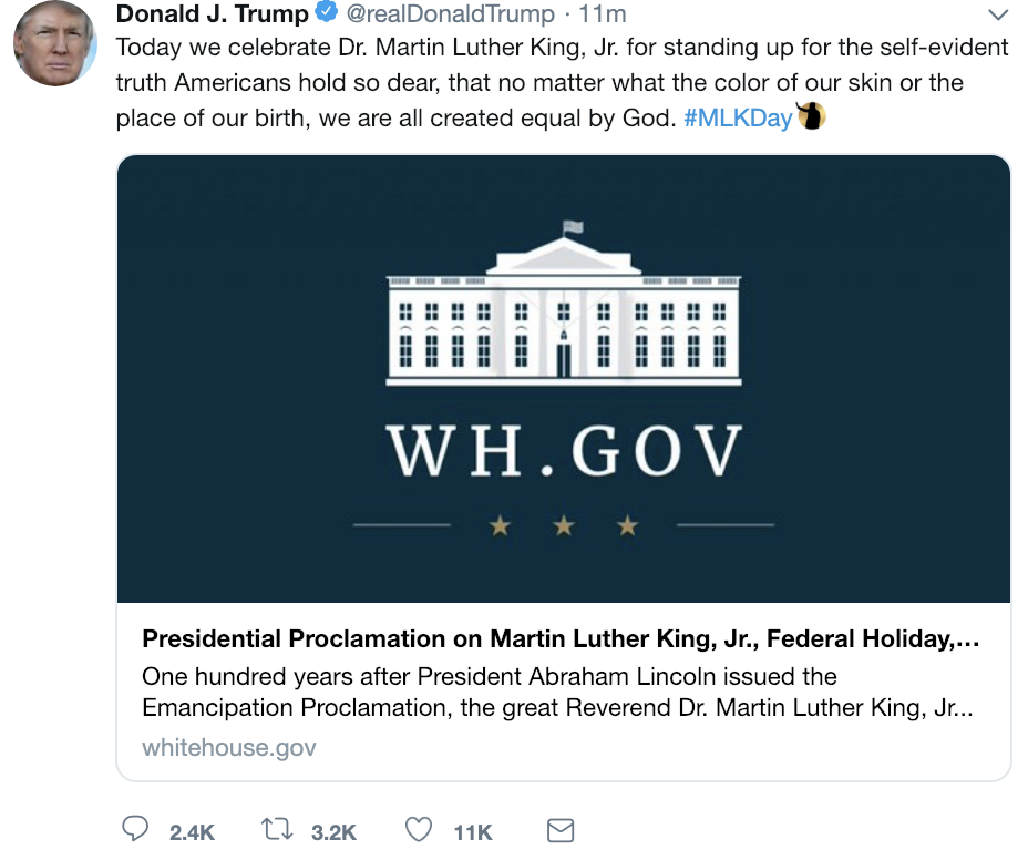 Screen-Shot-2019-01-21-at-9.50.01-AM Melania Tweets 8-Word MLK Day Message Like A Plastic Waste Of Space Activism Black Lives Matter Donald Trump Hate Speech Human Rights Politics Protest Racism Top Stories 