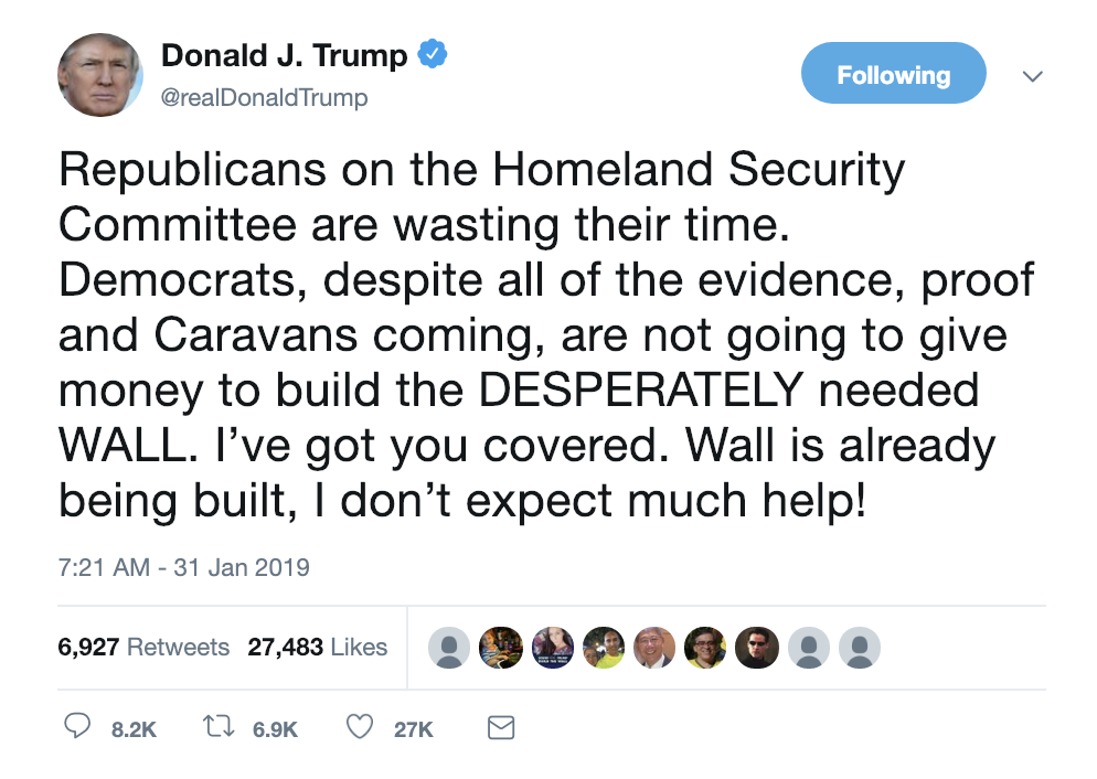 Screen-Shot-2019-01-31-at-8.18.58-AM Trump Continues Weird 6-Tweet Morning Meltdown With 4 More Posts Corruption Crime Donald Trump Economy Foreign Policy Immigration Politics Racism Refugees Top Stories 