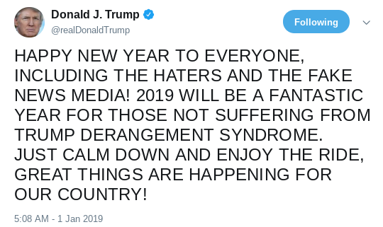 Screenshot-2019-01-01-at-10.13.14-AM Trump Tweets 3-Word New Year Statement Like He Has Nothing To Live For Donald Trump Politics Social Media Top Stories 