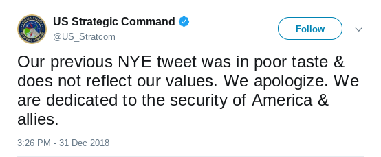 Screenshot-2019-01-01-at-11.21.53-AM Military's Nuclear Command Tweets Then Deletes Threatening New Year's Message Donald Trump Military Politics Social Media Top Stories 