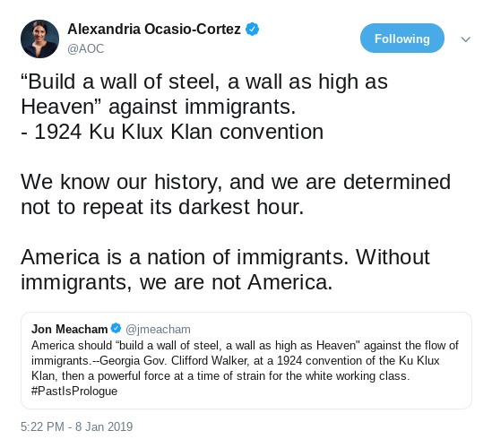 Screenshot-2019-01-09-at-12.32.00-PM Alexandria Ocasio-Cortez Tweets Ku Klux Klan Message To Trump Like A Boss (IMAGE) Donald Trump Immigration Politics Racism Social Media Top Stories 