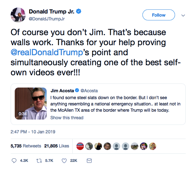 Screenshot-at-Jan-10-19-55-11 Whiny Trump Jr. & Jim Acosta Get In Thursday Night Tweet Fight  For The Ages (IMAGES) Donald Trump Featured Politics Social Media Top Stories 