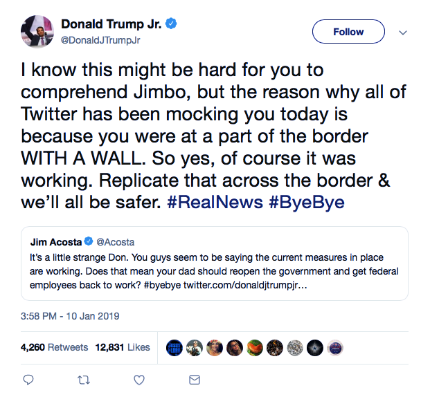 Screenshot-at-Jan-10-19-56-15 Whiny Trump Jr. & Jim Acosta Get In Thursday Night Tweet Fight  For The Ages (IMAGES) Donald Trump Featured Politics Social Media Top Stories 