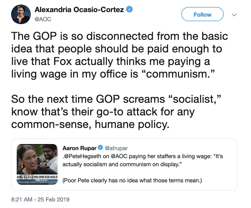 Screen-Shot-2019-02-25-at-8.53.06-AM Ocasio-Cortez Drops Twitter Bomb On 'Fox News' Like A Tiny Nuke Economy Election 2018 Labor Media Politics Top Stories 