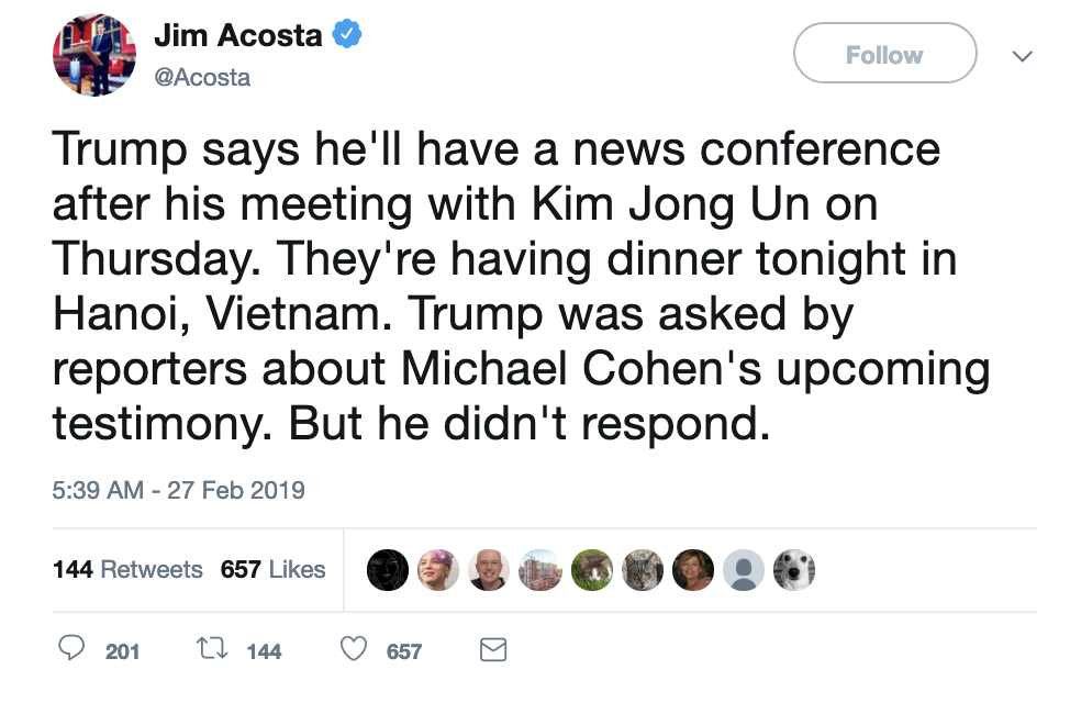 Screen-Shot-2019-02-27-at-7.20.01-AM Jim Acosta Shows Up In Vietnam & Trolls Trump Over Michael Cohen Testimony Corruption Crime Domestic Policy Donald Trump Media Politics Top Stories 
