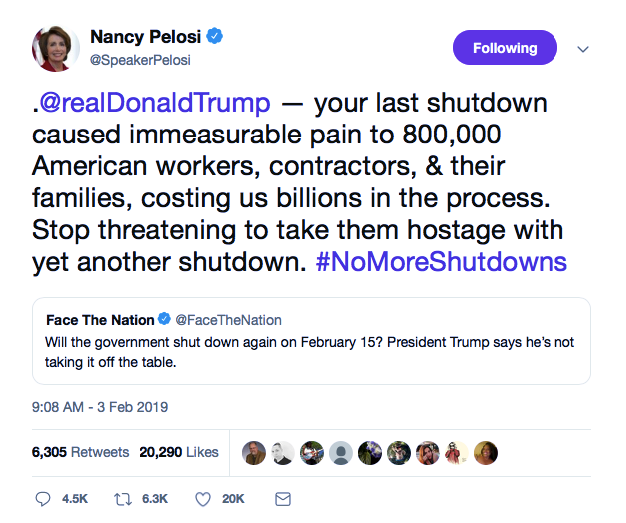 Screenshot-at-Feb-03-18-40-44 Nancy Pelosi Emasculates Donald Trump With Defiant Twitter Message To America Donald Trump Featured Immigration Politics Top Stories 