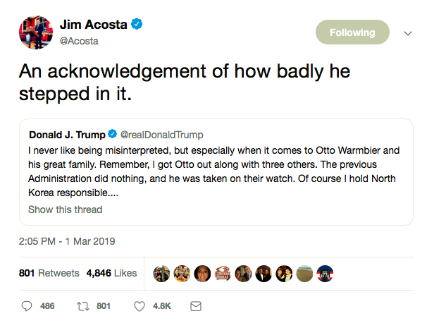 Screen-Shot-2019-03-01-at-6.26.52-PM Jim Acosta Goes After Trump For Otto Warmbier Statements Donald Trump Featured Politics Social Media Top Stories 