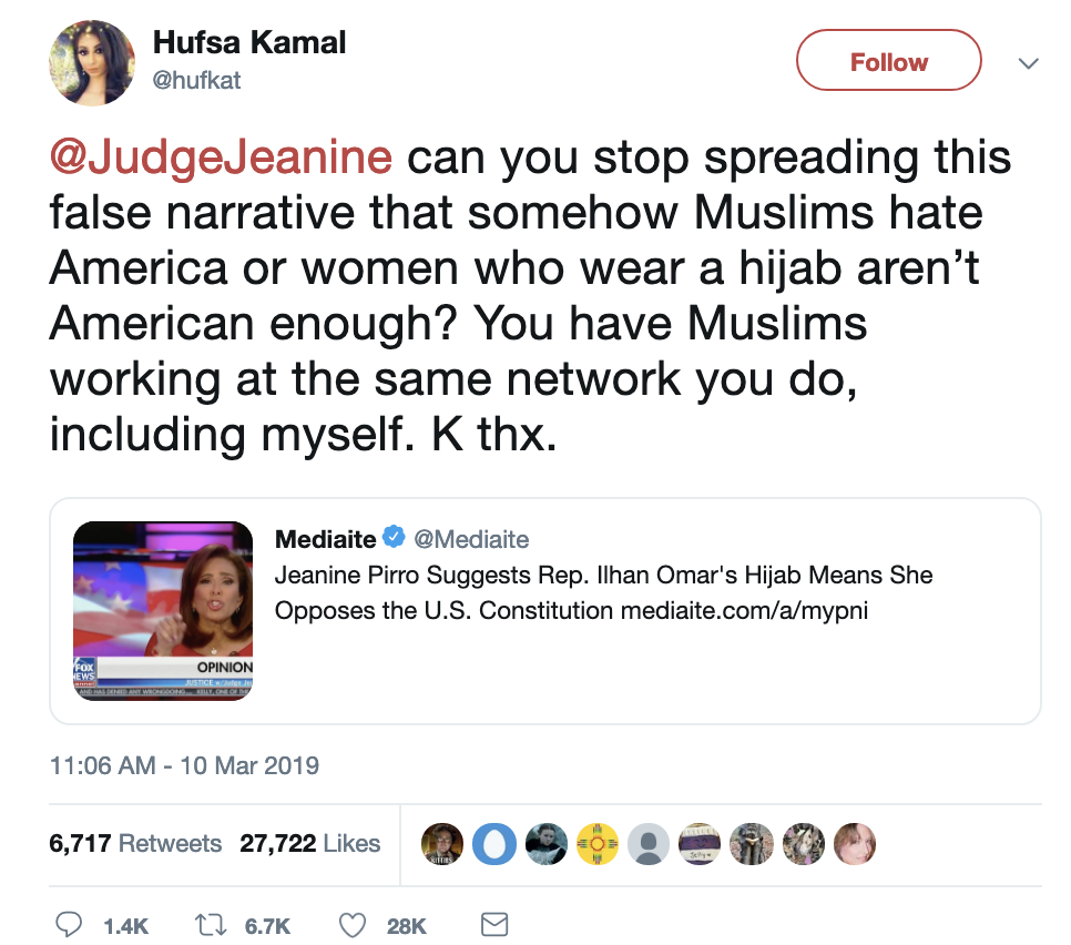 Screen-Shot-2019-03-11-at-8.29.39-AM Muslim 'Fox' Producer Sends Jeanine Pirro Hate-Tweet After Hijab Rant Anti-Semitism Civil Rights Corruption Crime Domestic Policy Donald Trump Election 2018 Hate Speech Politics Religion Top Stories 