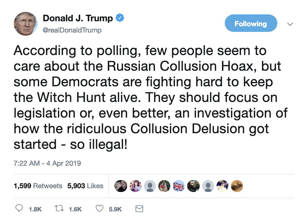 Screen-Shot-2019-04-04-at-7.29.46-AM Trump Rockets Out Of Bed To Scream-Tweet 10 Words In All Caps Corruption Crime Donald Trump Economy Politics Top Stories 