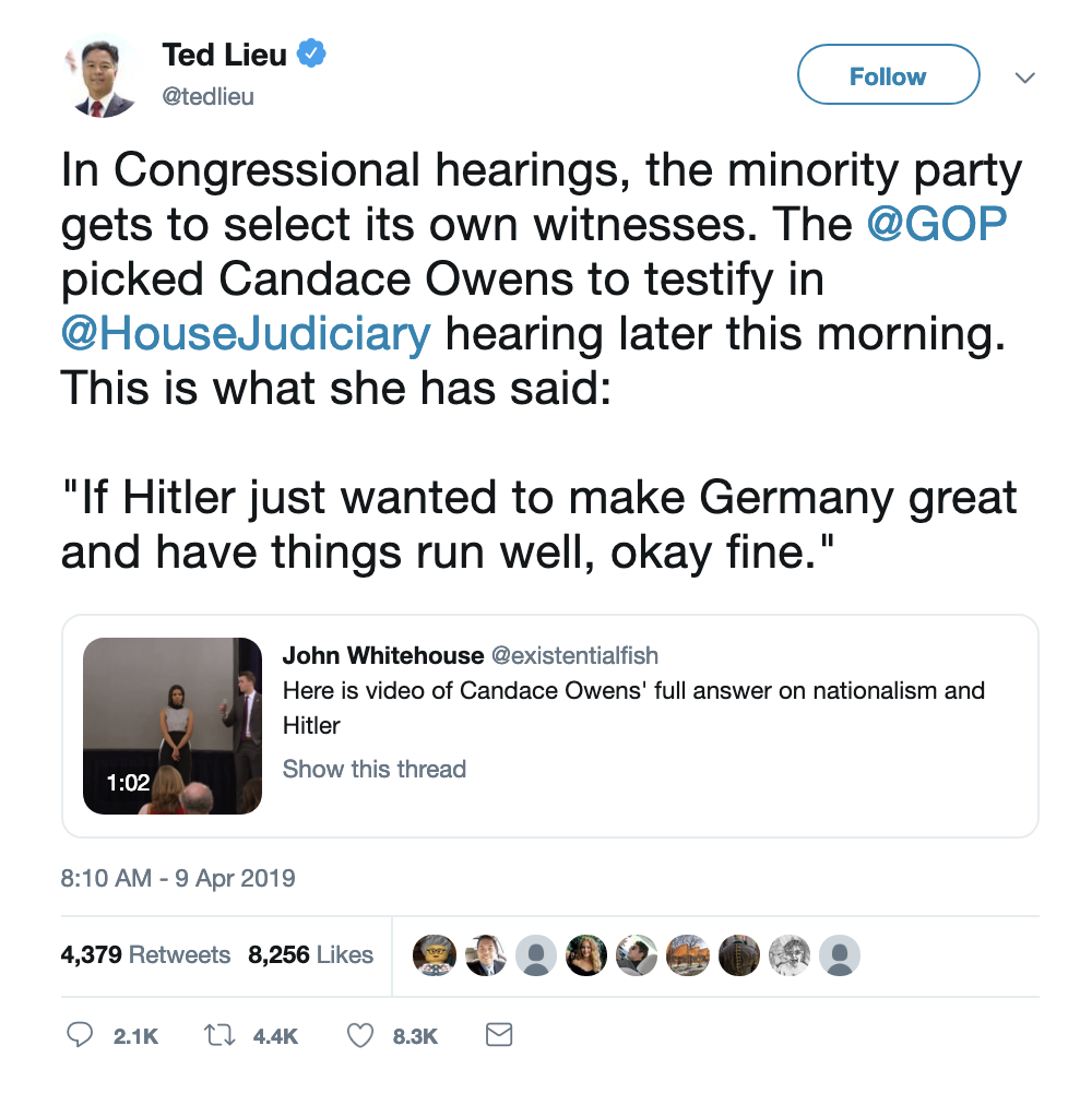Screen-Shot-2019-04-09-at-2.05.32-PM Ted Lieu Just Played Candice Owens' Video Praising Hitler On House Floor Black Lives Matter Corruption Crime Domestic Policy Donald Trump Hate Speech Politics Top Stories White Privilege 