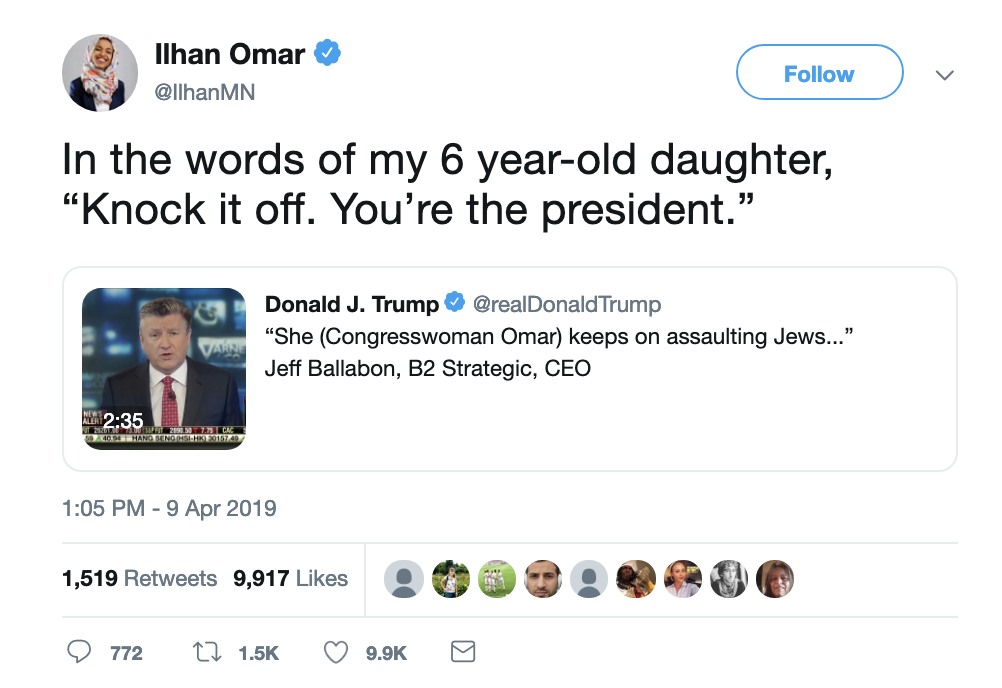 Screen-Shot-2019-04-09-at-4.03.20-PM Ilhan Omar Responds To Trump's Attacks On Her Like A Pro Anti-Semitism Corruption Crime Donald Trump Hate Speech Social Media Top Stories 