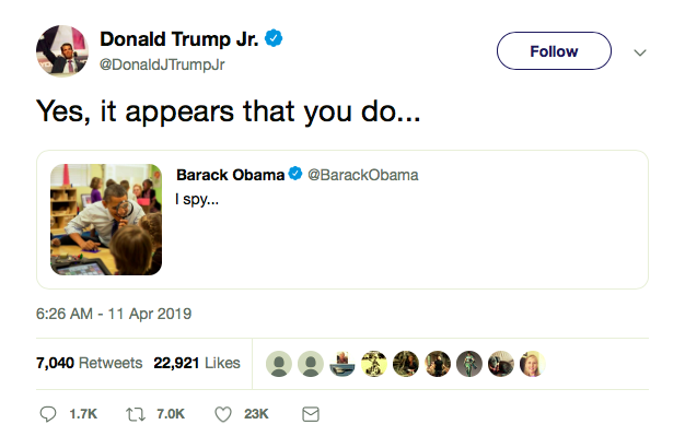 Screen-Shot-2019-04-11-at-12.18.45-PM Trump Jr. Goes After Obama On Twitter & Gets A Dose Of Karma Corruption Donald Trump Featured Mueller Politics Robert Mueller Russia Social Media Top Stories Twitter 