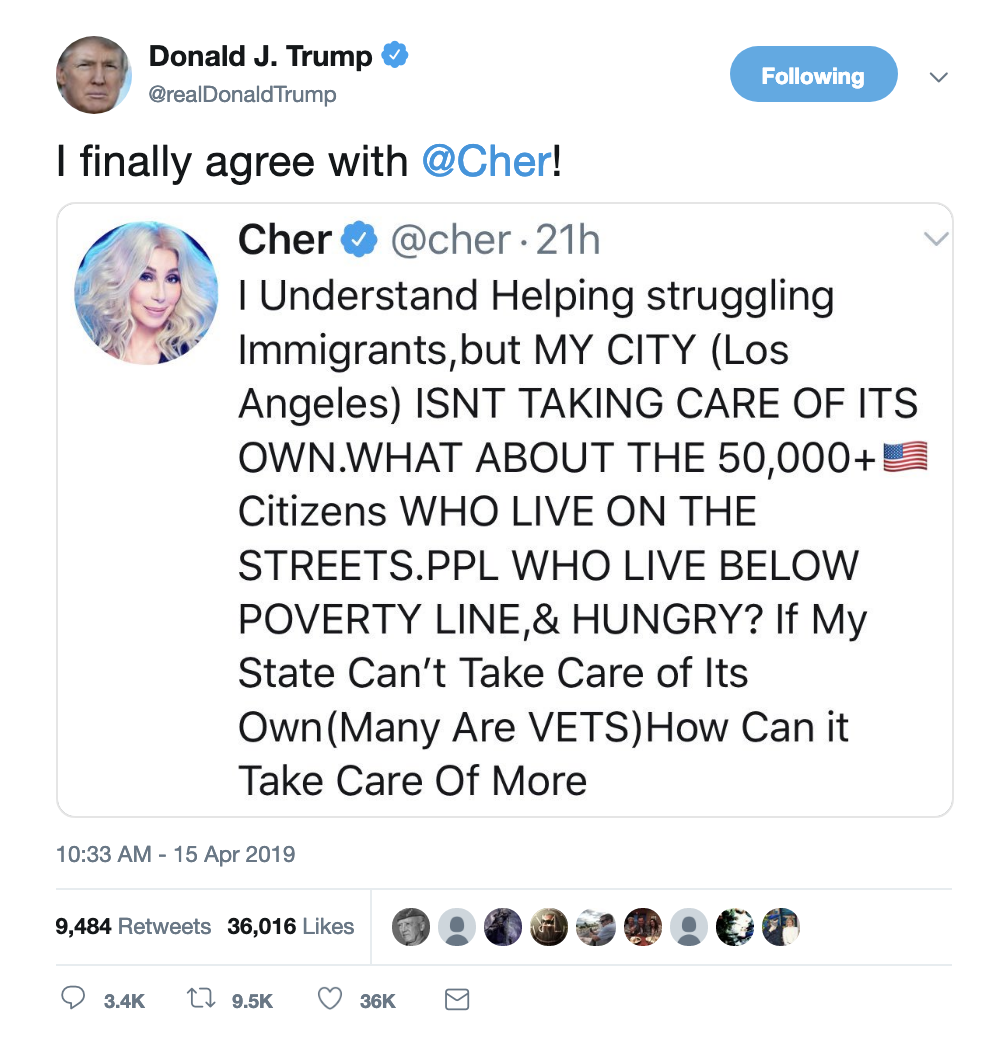 Screen-Shot-2019-04-15-at-11.29.59-AM Trump Tweets About Cher Like He Wants To Turn Back Time Celebrities Corruption Crime Domestic Policy Donald Trump Immigration Politics Racism Refugees Top Stories 