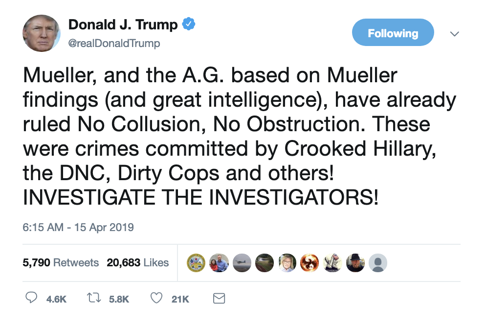 Screen-Shot-2019-04-15-at-7.10.50-AM Trump Makes A Fool Of Himself During Monday AM Twitter Squeal Corruption Crime Donald Trump Immigration Investigation Politics Racism Refugees Robert Mueller Russia Top Stories 