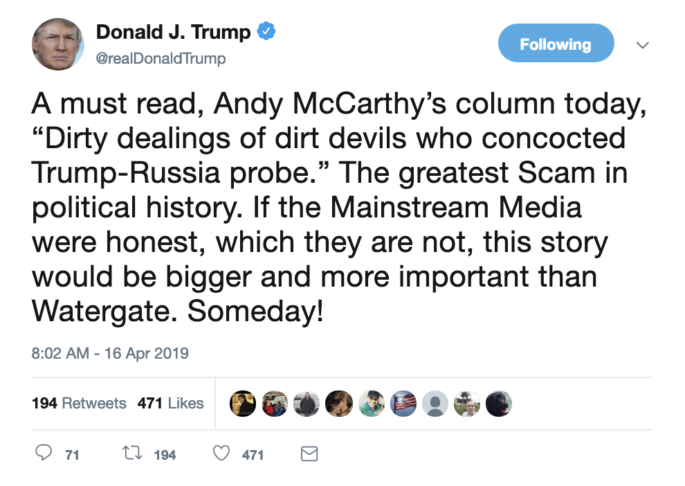 Screen-Shot-2019-04-16-at-8.03.26-AM Trump Brags About Being Bigger Than Watergate On Twitter Corruption Crime Donald Trump Election 2016 Election 2020 History Politics Top Stories 