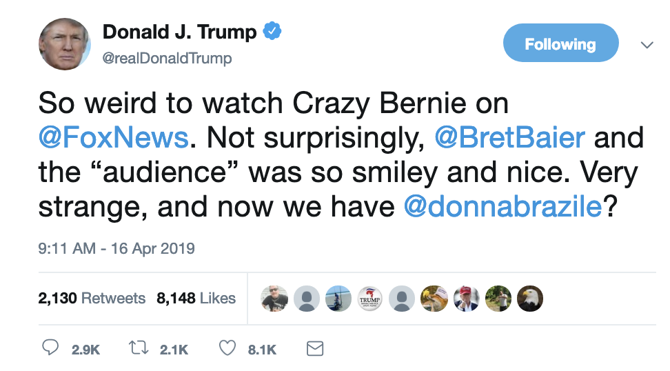 Screen-Shot-2019-04-16-at-9.24.05-AM Trump Freaks Out On Twitter Over Bernie's 'Fox News' Appearance Corruption Crime Donald Trump Election 2016 Election 2020 Politics Top Stories 