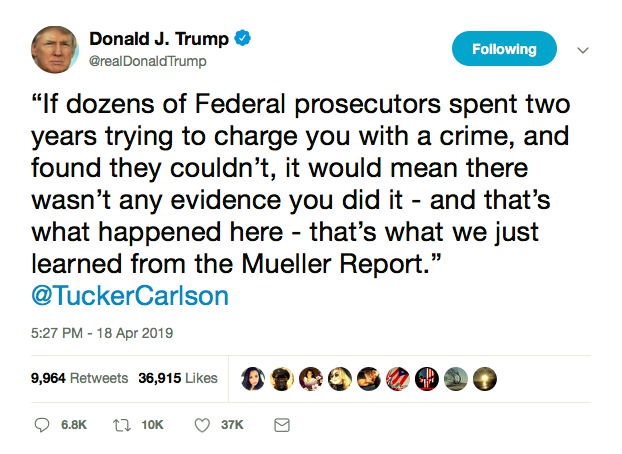 Screen-Shot-2019-04-18-at-9.56.56-PM Trump Spends 'Victory' Night Tweet/Ranting About Mueller Report Donald Trump Featured Mueller Politics Robert Mueller Top Stories Twitter 