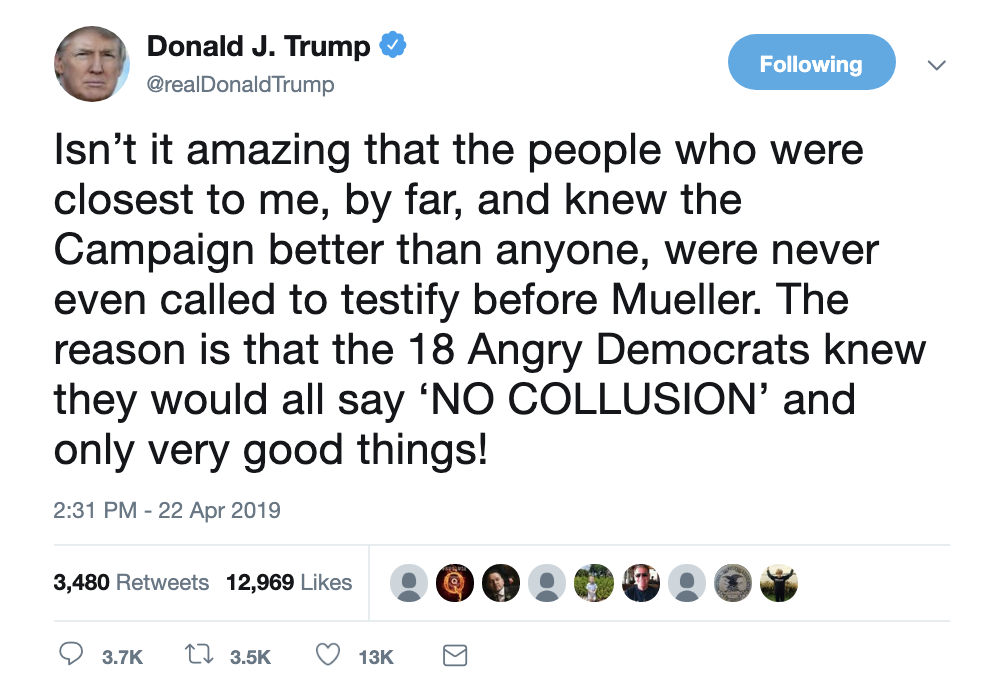 Screen-Shot-2019-04-22-at-2.50.26-PM Trump Tweets Total Chaos During Monday Bi-Polar Madness Corruption Crime Domestic Policy Donald Trump Election 2016 Immigration Investigation Media Mueller Politics Racism Refugees Robert Mueller Russia Top Stories 