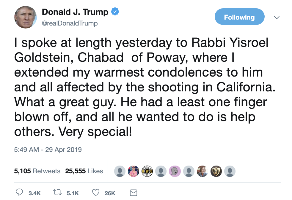 Screen-Shot-2019-04-29-at-7.01.52-AM Trump Tweets About Shot Rabbi While Praising NRA & It Backfires Perfectly Anti-Semitism Corruption Crime Domestic Policy Donald Trump Hate Speech Immigration Nazis Politics Racism Shooting Terrorism Top Stories 