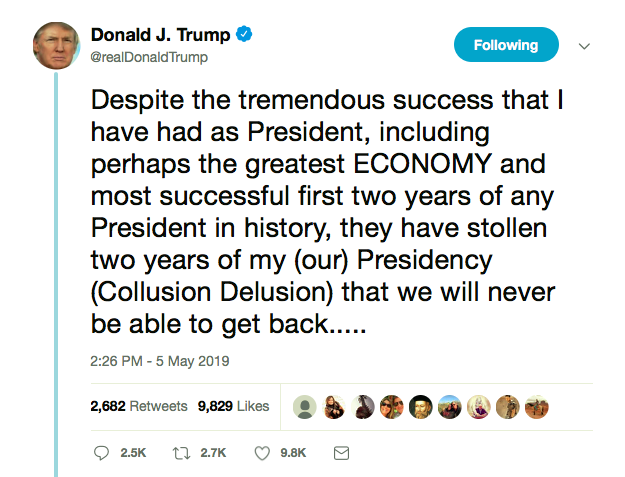 Screen-Shot-2019-05-05-at-5.38.29-PM Trump Finds Out Mueller Is Testifying And Goes Into Total Panic Mode On Twitter Donald Trump Featured Mueller Politics Top Stories Twitter 