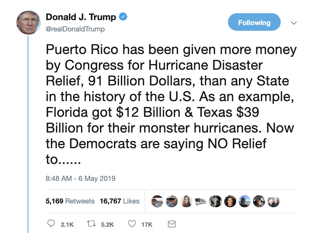 Screen-Shot-2019-05-06-at-9.27.42-AM Trump Tweets Puerto Rico Lies & Gets Stomped Out Instantly Corruption Crime Donald Trump Fact-Checker Natural Disaster Politics Racism Refugees Social Media Top Stories 