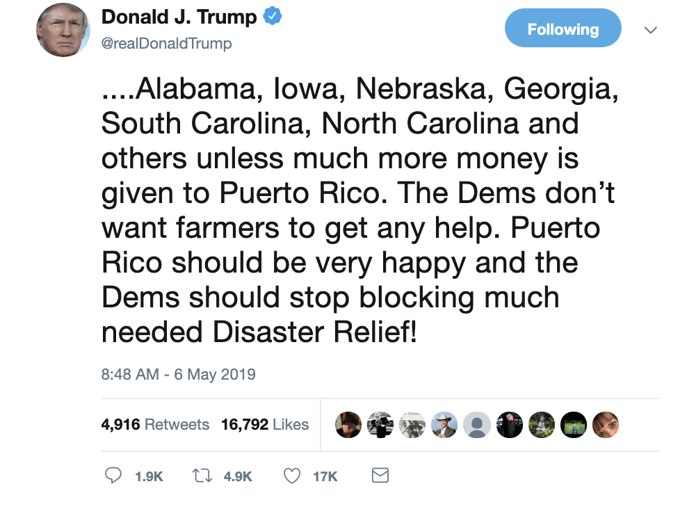 Screen-Shot-2019-05-06-at-9.30.05-AM Trump Tweets Puerto Rico Lies & Gets Stomped Out Instantly Corruption Crime Donald Trump Fact-Checker Natural Disaster Politics Racism Refugees Social Media Top Stories 