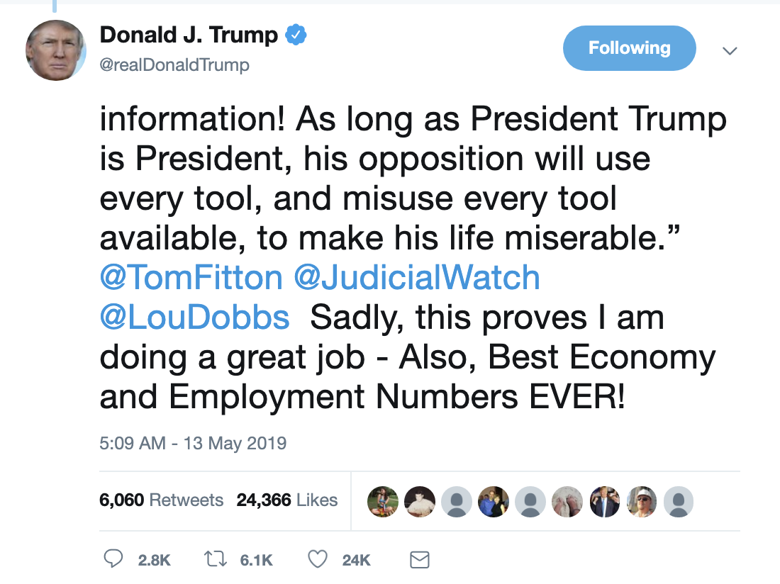Screen-Shot-2019-05-13-at-7.08.44-AM Trump Jolts Awake For Pre-Dawn 10-Tweet Monday Twitter Flip-Out Corruption Domestic Policy Donald Trump Economy Foreign Policy Politics Social Media Top Stories 
