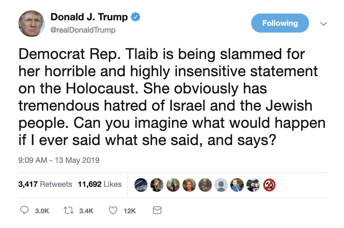 Screen-Shot-2019-05-13-at-9.24.46-AM Trump Lies About Rashida Tlaib On Twitter In Disgusting Islamophobic Attack Anti-Semitism Corruption Domestic Policy Donald Trump Feminism Hate Speech Politics Racism Religion Top Stories 