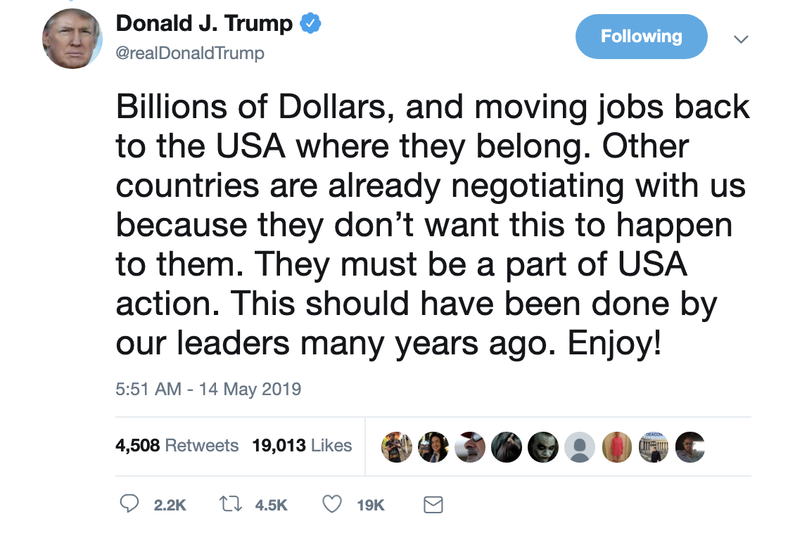 Screen-Shot-2019-05-14-at-7.08.34-AM Trump Rockets Awake For Multi-Tweet Spaz Out That Screams Criminal Corruption Crime Donald Trump Economy Foreign Policy Social Media Top Stories 