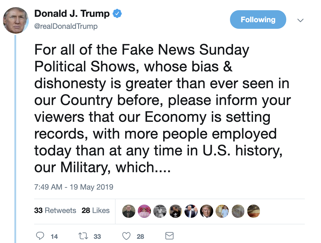Screen-Shot-2019-05-19-at-7.50.21-AM Trump Rage Tweets At Sunday News Shows & Humiliates Himself In Seconds Corruption Crime Donald Trump Economy Military Politics Top Stories 