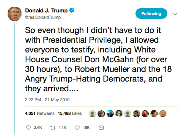 Screen-Shot-2019-05-21-at-5.59.37-PM Trump Tweets About McGahn's Subpoena & 'Presidential Privilege' Donald Trump Featured Politics Robert Mueller Top Stories 