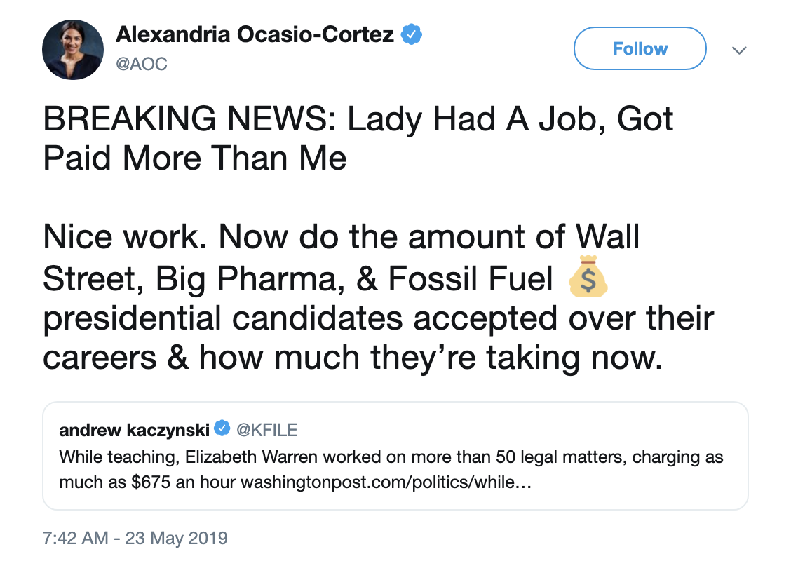 Screen-Shot-2019-05-23-at-8.35.38-AM AOC Goes Hard For Her Girl Liz Warren & Conservatives Are Spinning Corruption Crime Donald Trump Election 2016 Election 2018 Election 2020 Feminism Me Too Politics Top Stories Women's Rights 
