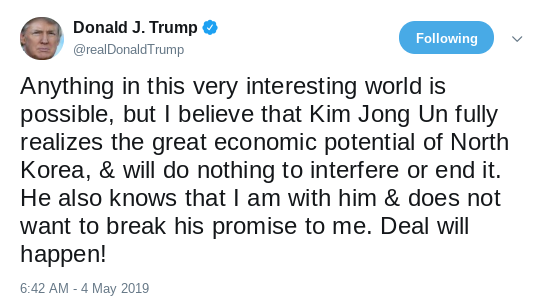 Screenshot-2019-05-04-at-10.31.44-AM Trump Kisses North Korean Ass One Day After Kim Fires Ocean Missiles Donald Trump Politics Social Media Top Stories 