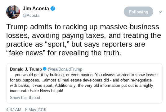 Screenshot-2019-05-08-at-10.35.42-AM Jim Acosta Returns As Trump's Nightmare During NYT Tax Story Trolling Corruption Donald Trump Politics Social Media Top Stories 