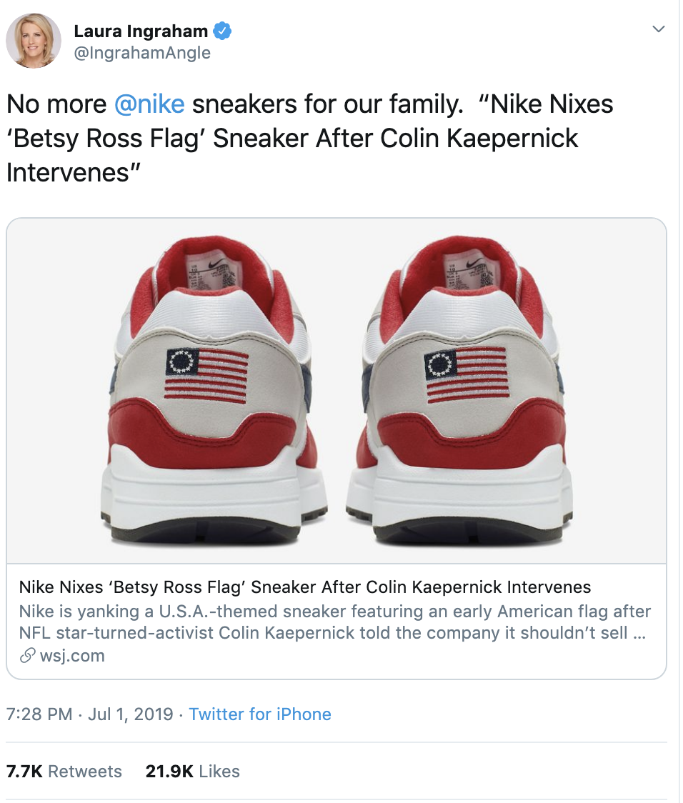 Screen-Shot-2019-07-02-at-3.40.04-PM Laura Ingraham Goes Ballistic On Twitter After Nike Ditches Flag Shoe Corruption Crime Donald Trump Media Politics Racism Top Stories 
