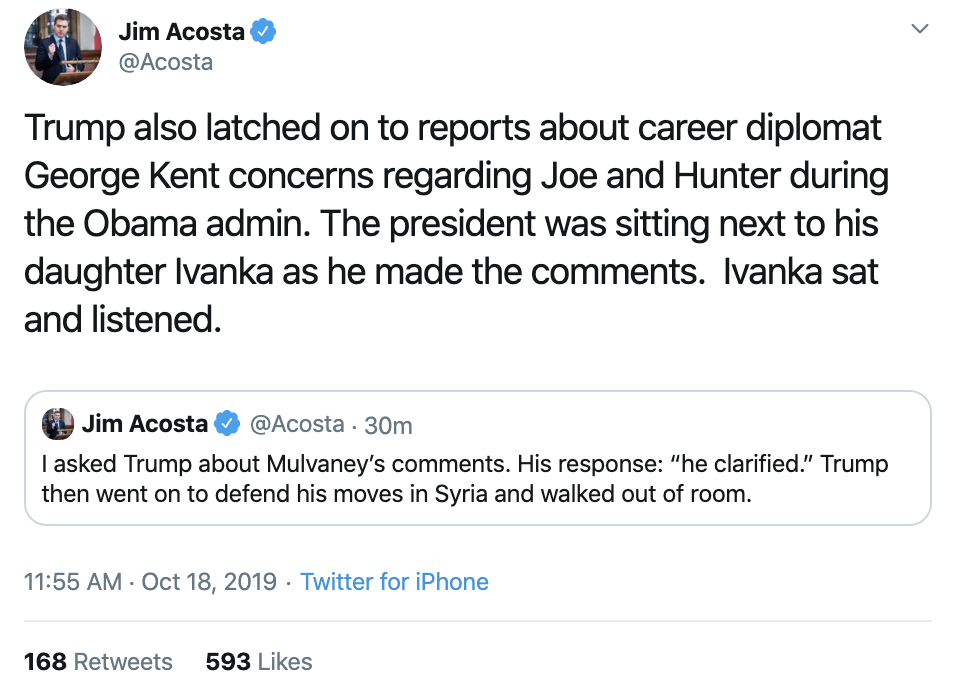 Screen-Shot-2019-10-18-at-12.18.56-PM Acosta Upstages Trump With Friday Afternoon Muti-Tweet Take Down Corruption Crime Domestic Policy Donald Trump Education Election 2016 Election 2020 Featured Feminism History Human Rights Impeachment Investigation Military National Security Politics Racism Terrorism Top Stories War Women's Rights 
