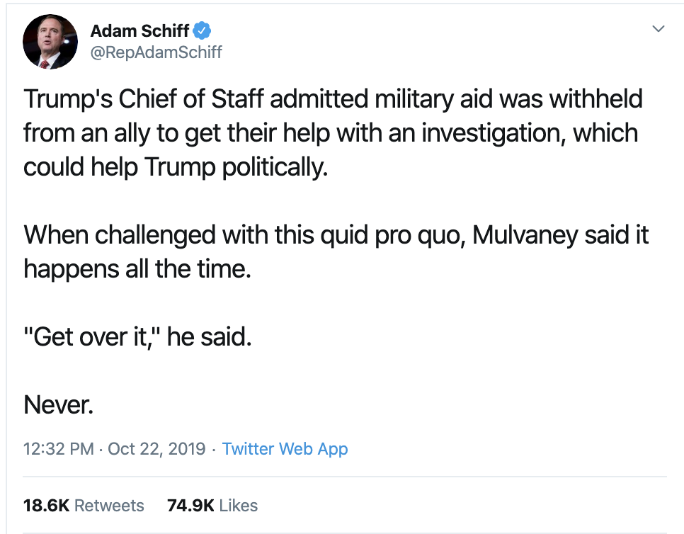 Screen-Shot-2019-10-23-at-8.29.36-AM Schiff Outmaneuvers Trump & Tweets Direct Evidence To America Corruption Crime Domestic Policy Donald Trump Election 2016 Election 2020 Featured Foreign Policy Impeachment Investigation Military Politics Russia Social Media Top Stories War 