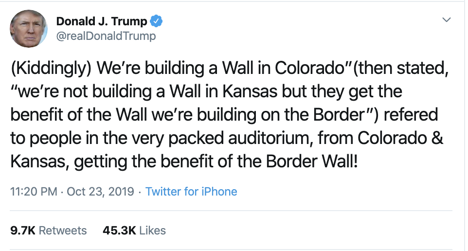 Screen-Shot-2019-10-24-at-8.57.10-AM Trump Says Colorado Border Wall Blunder Was A Joke Corruption Crime Domestic Policy Donald Trump Election 2016 Featured Politics Top Stories 
