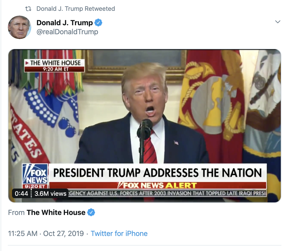 Screen-Shot-2019-10-28-at-3.29.50-PM Trump Goes On Monday Twitter-Spree That Has People Wondering Animal Rights Corruption Crime Domestic Policy Donald Trump Election 2016 Election 2020 Featured Foreign Policy Impeachment Investigation Military Politics Terrorism Top Stories War 